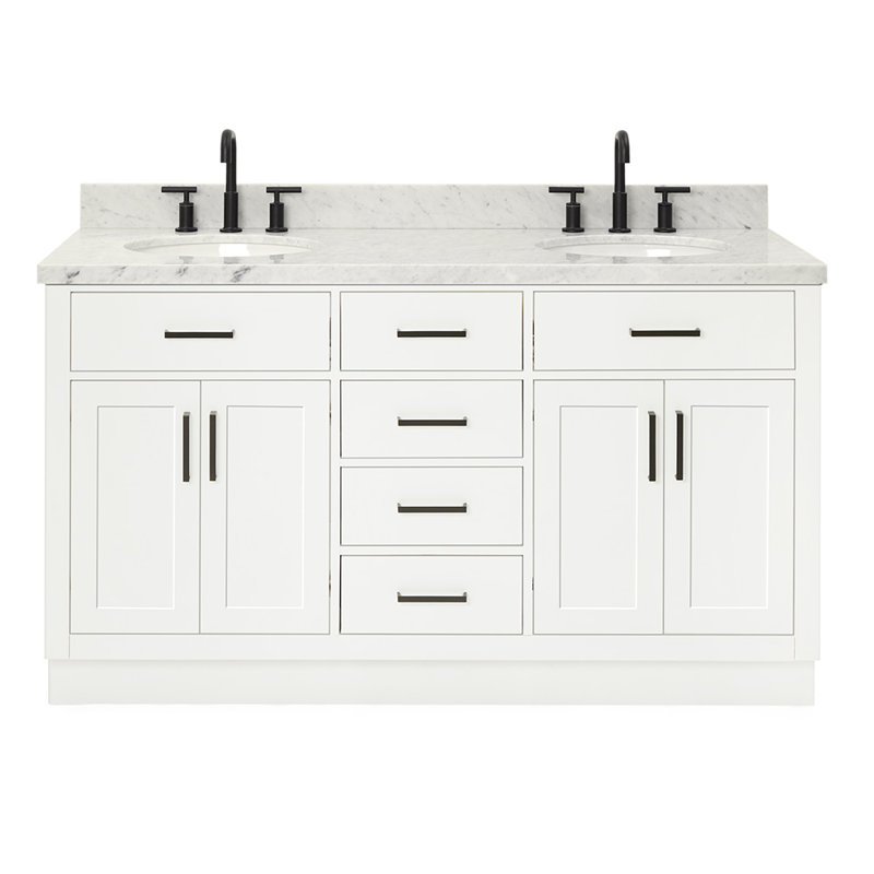 Tidworth Solid Wood Double Bathroom Vanity with 1.5'' Carrara Marble Top, White / Matte Black, Oval