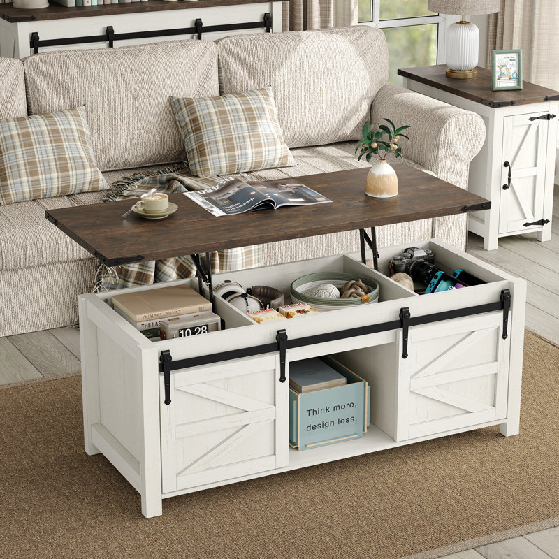Jaquavion Farmhouse Coffee Table and End Table Set with Lift Top and Charging Station, Off White, Rustic Brown