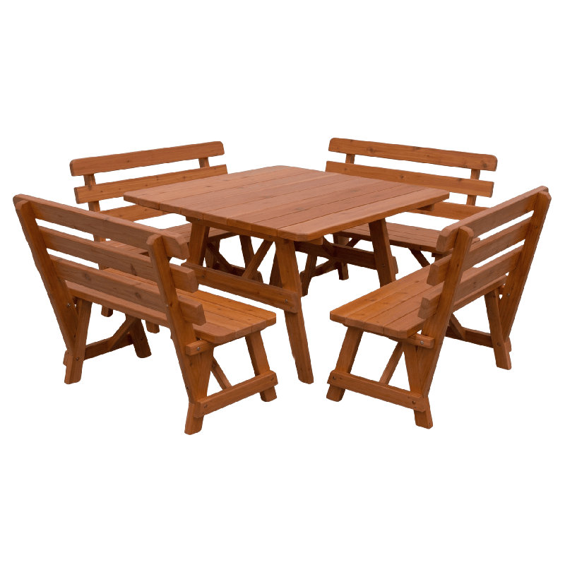  Table de 43 po² avec 4 bancs en cèdre rouge, teint en cèdre, Cedar Stain