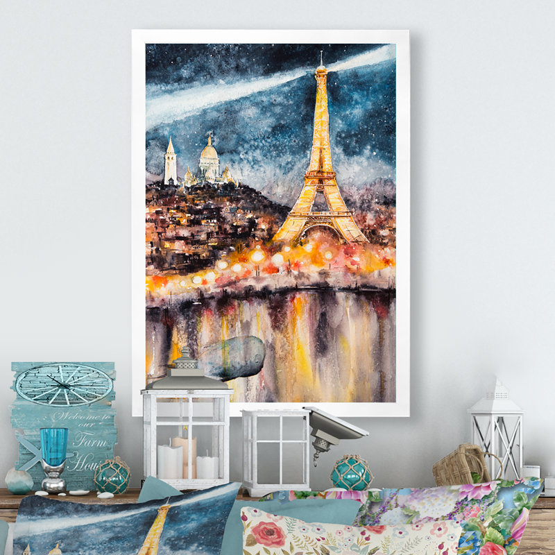 «Paris At Night with Bright Shining Eiffel Tower», reproduction sur toile, H 36 po x l 24 po x P 1 po, Cadre photo blanc