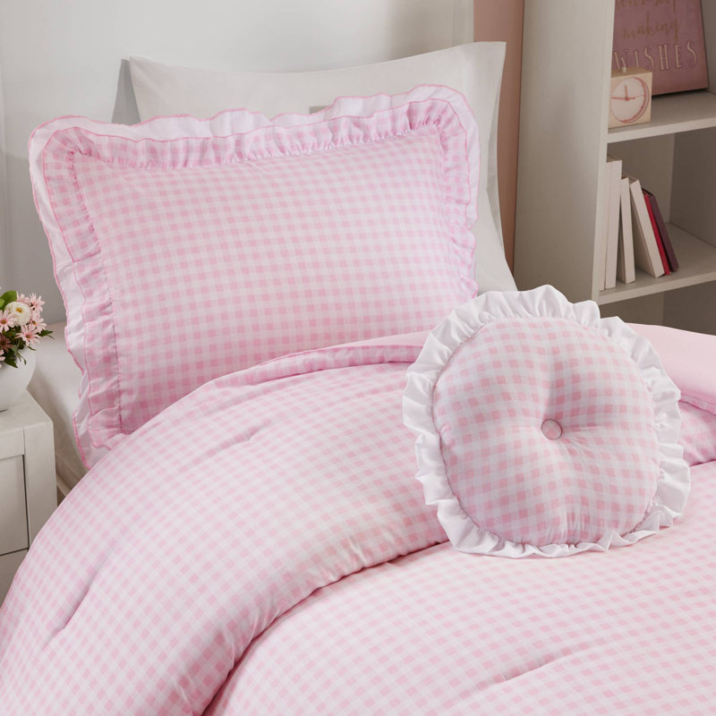 Ensemble d'édredon de style contemporain, Édredon pour lit simple + 2 pièces supplémentai, Carreaux roses