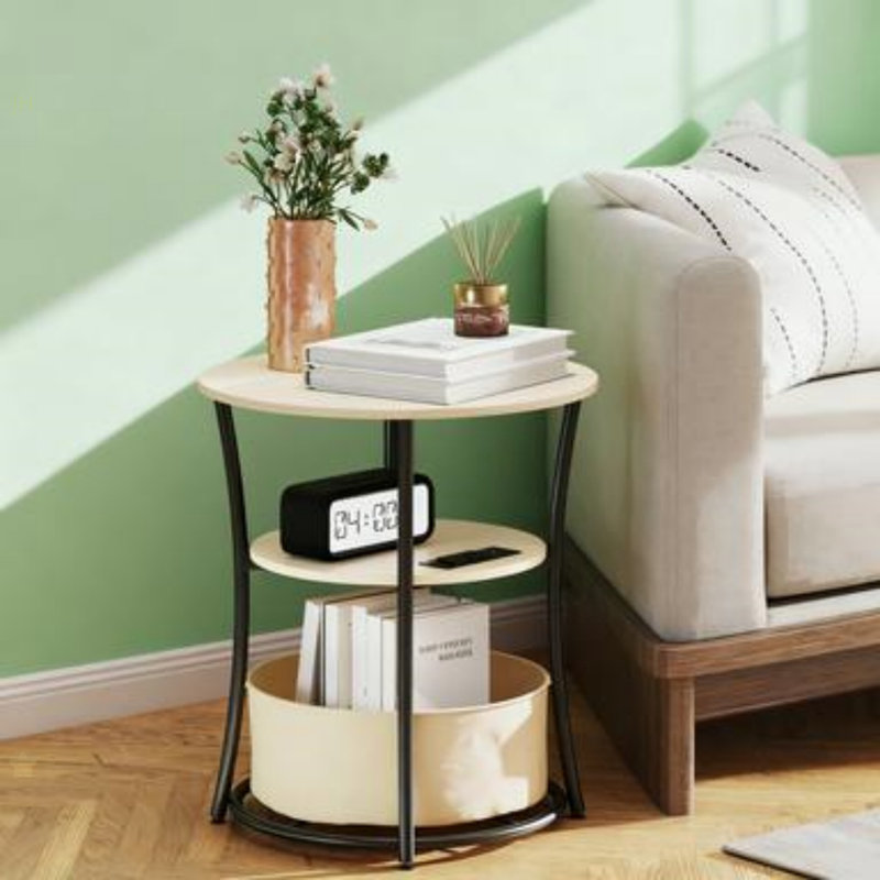 Table basse Table d'appoint ronde avec station de charge, table de bout à 3 niveaux avec sac de rangement en tissu et tablette