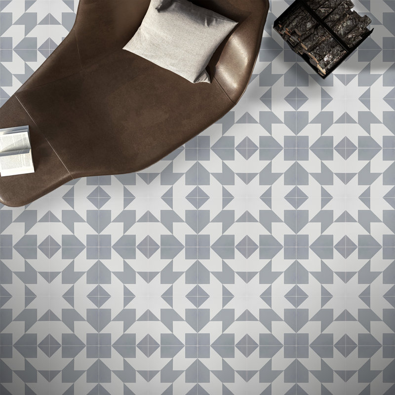 Oujda 8" x 8" Cement Patterned Wall & Floor Tile, Gray/White