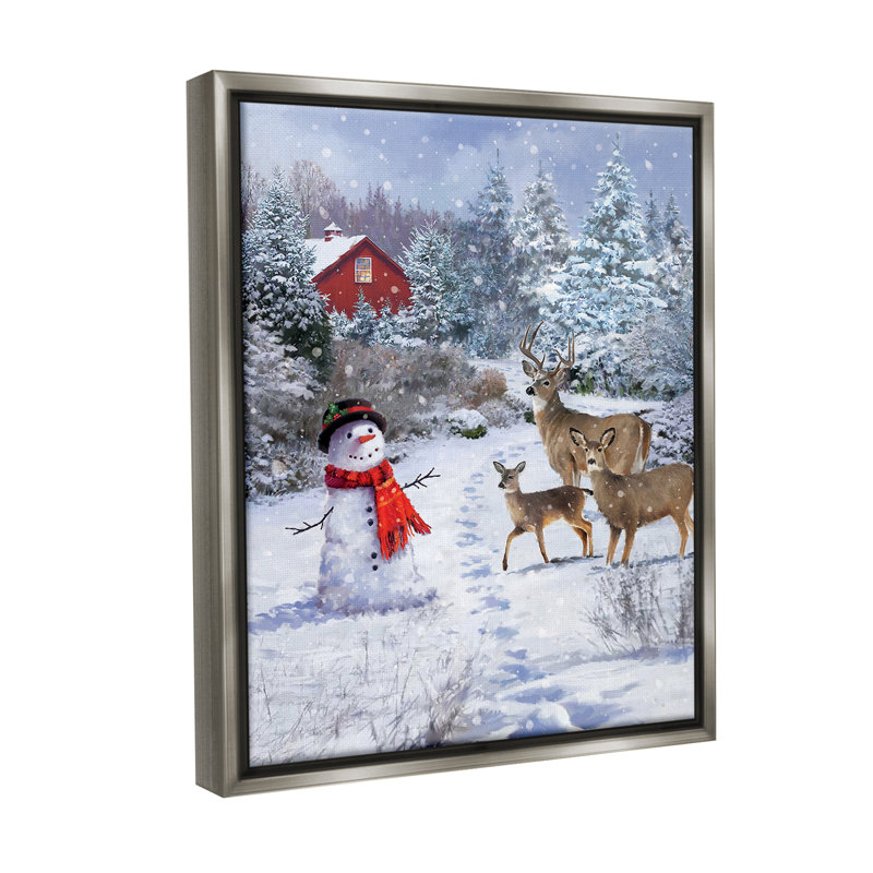 «Reindeer And Snowman Landscape» par Jason Kirk sur toile, Cadre flottant gris lustré, H 21 po x l 17 po