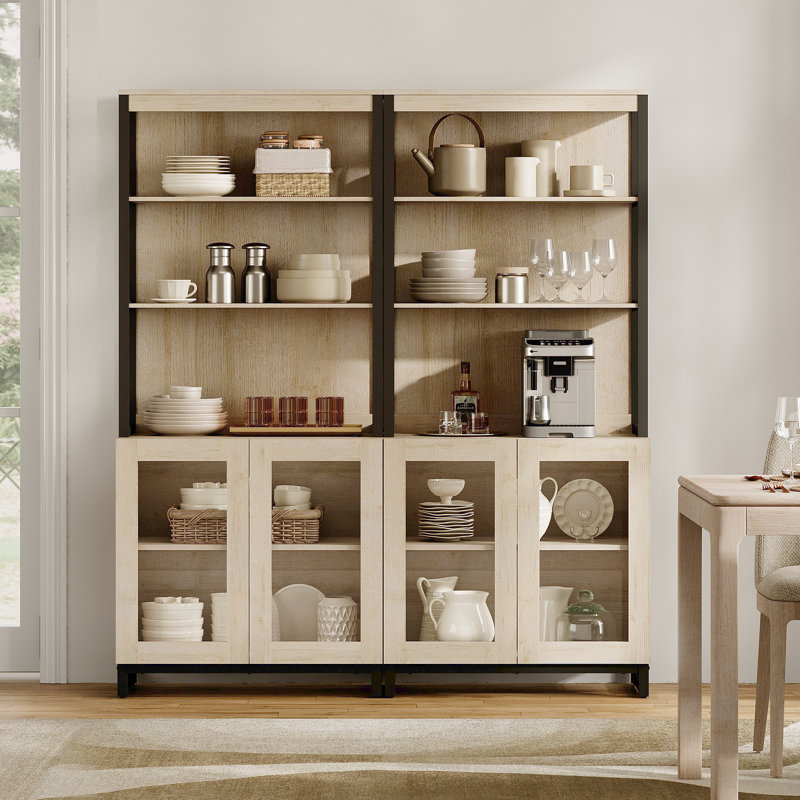 2PCS Modern 72" Sideboard With Glass Doors And Adjustable Shelves, Multifunctional Buffet Cabinet With Storage And Open Shelves For Dining Room Or Kitchen