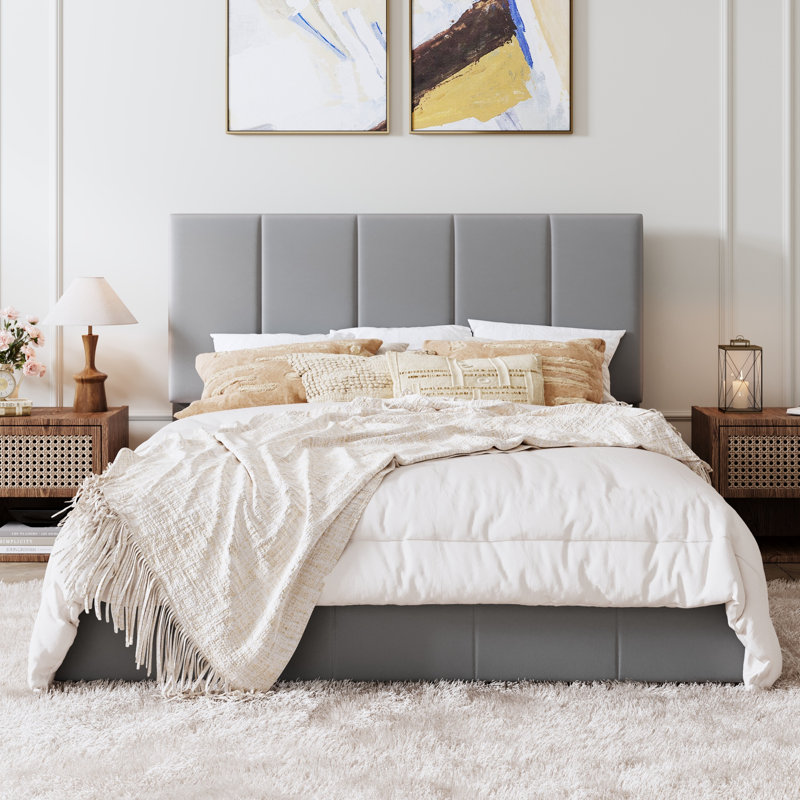 Hydraulic Lift Up Upholstered Platform Bed with Adjustable Headboard, Misty Gray, Full