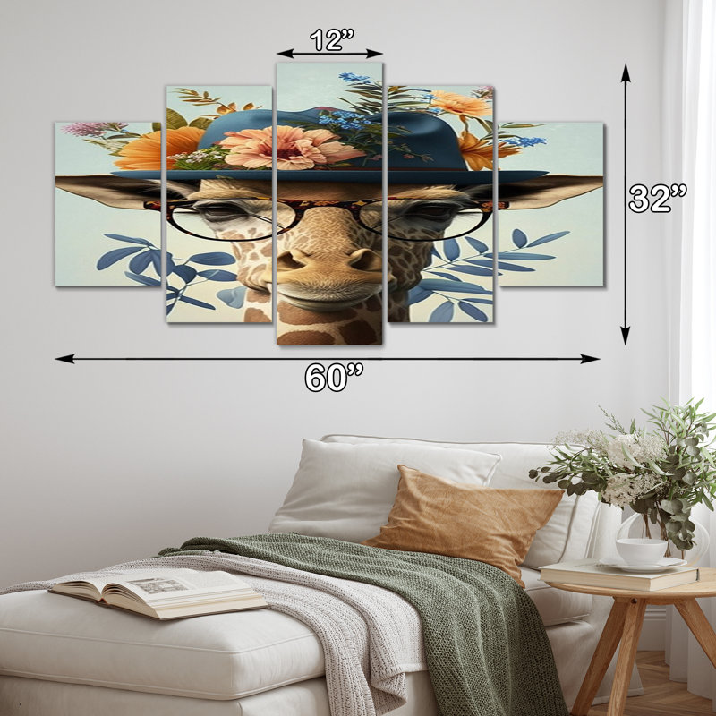 Portrait de girafe avec des lunettes et un chapeau - Décoration murale girafe animaux - 5 panneaux