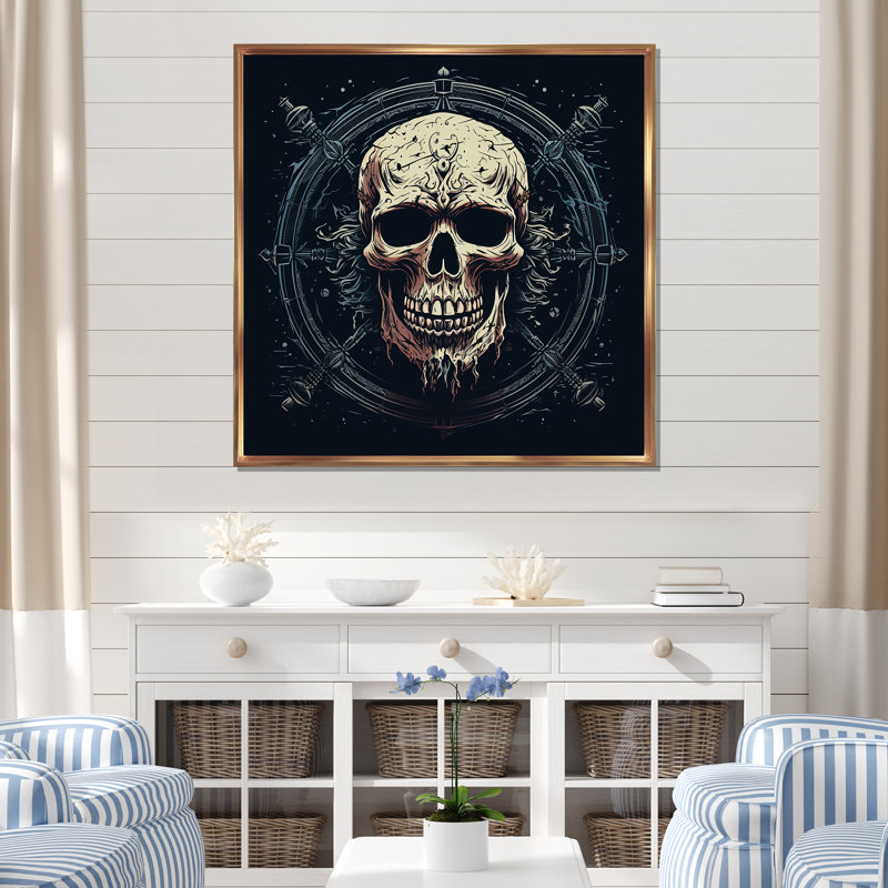 Symbole du crâne levant Jolly Roger sur toile, Cadre flottant doré, H 36 po x l 36 po x P 1,5 po