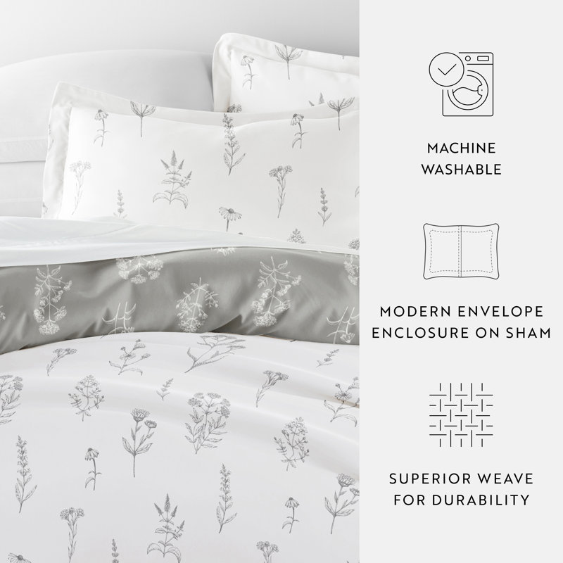 Light Gray Floral Microfiber Full/Queen Duvet Cover Set