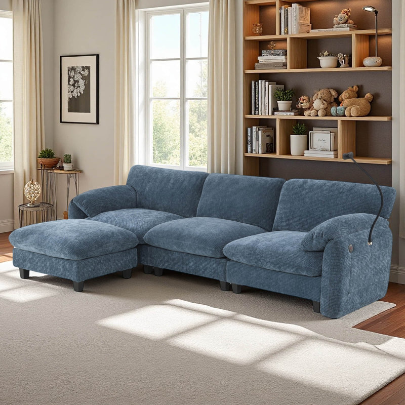 Canapé modulaire de 108 po en forme de L avec coussin de siège extra large de 31,5 po, chargeur USB et de type C, support pour téléphone et 2 poches de rangement latérales, repose-pieds à mouvement libre, chenille rayée