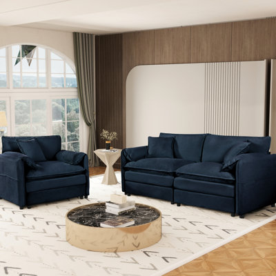 Canapé 2 pièces à assise profonde de luxe et de couleur bleue, 3 coussins, spacieux pour la chambre de salon de bureau à domicile, assemblage de bricolage en bleu, revêtement en chenille, appartement de chambre confortable