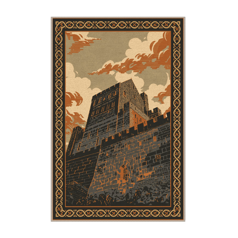 Machine Washable Pelico Edinburgh Castle Traditional Block Print Rug in Gray – Beige Binding, 5x8