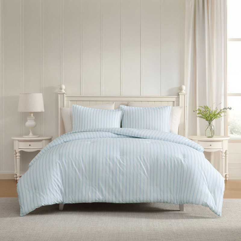 Ensemble de couette réversible en coton imprimé Laura Ashley, Édredon pour grand lit + 2 taies décoratives, Blue Striped