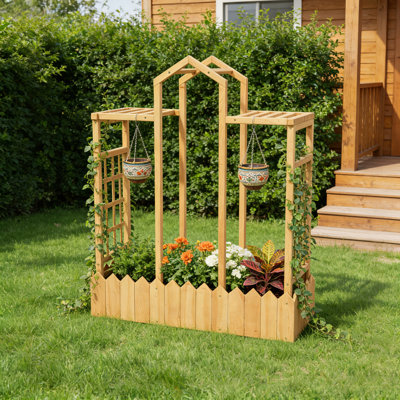 Lit de jardin en bois avec jardinière en treillis, base ouverte, naturel