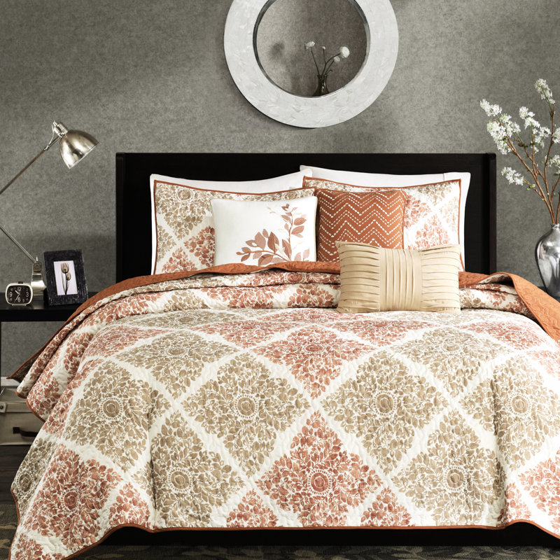 Très grand / très grand courtepointe 6 pièces - imprimé de feuilles, matelassage vermicelle, tissu lavable à la machine avec coussins décoratifs pour impression, tissu doux