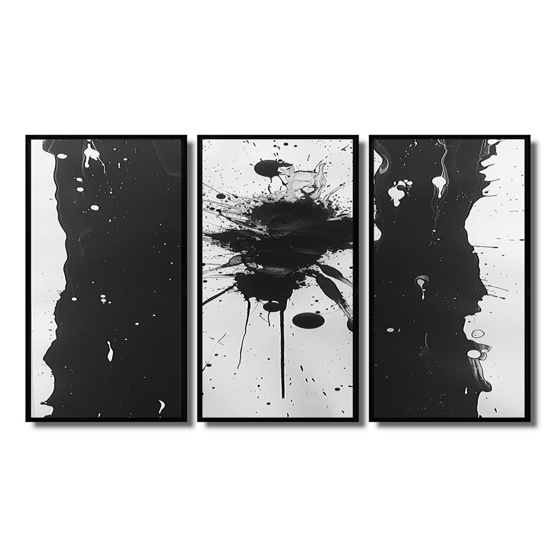 «Sudden Chaos», art mural abstrait noir et blanc, encre liquide, Cadre flottant noir, H 28 po x l 36 po x P 1 po