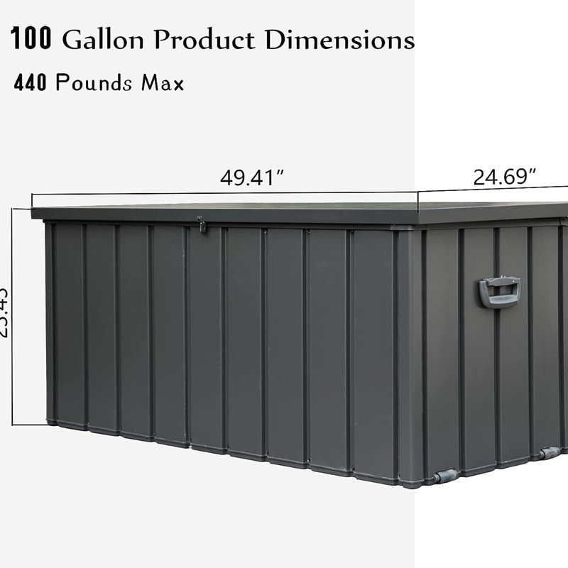 Grand bac de rangement extérieur pour terrasse - 100 gallons, imperméable, gris foncé pour coussins, oreillers, outils de jardin, verrouillable avec matériau de fabrication stable, support de gallon gris, outils de patio imperméables robustes