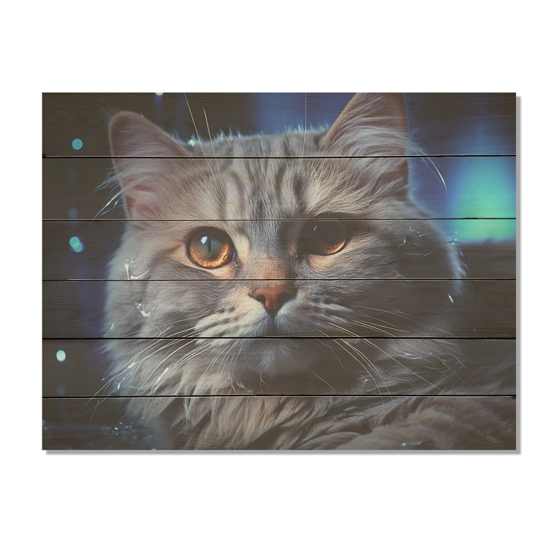 «Blue British Shorthair Majesty Cat», art mural en bois sur bois de pin naturel, H 30 po x l 40 po
