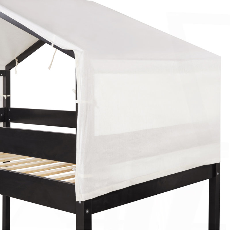 Lit superposé simple au-dessus d'un lit simple en bois avec tente, espresso