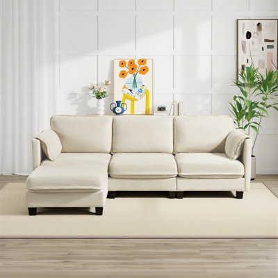 Ensemble de canapé modulaire en tissu brossé de 93 pouces en lin et coton brossé, comprenant un canapé convertible en forme de L avec repose-pieds et un canapé modulaire à trois places. Idéal pour les salons, les bureaux et les espaces spacieux.