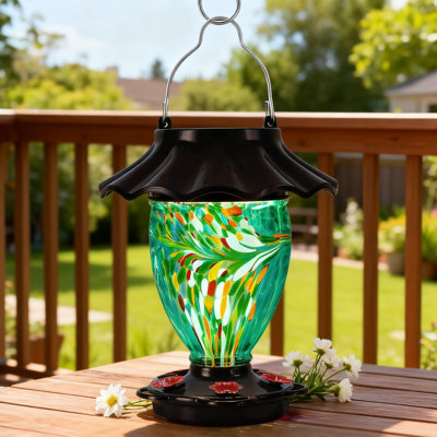 Mangeoire à colibri à énergie solaire avec lumières DEL à changement de couleur, réservoir en verre soufflé à la main, conception à l'épreuve des fuites 32 oz pour un décor de jardin extérieur