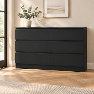 Commode 6 tiroirs blanche, commode moderne pour la chambre à coucher avec comptoir spacieux, armoire de rangement en bois avec poignées dissimulées et 6 tiroirs profonds