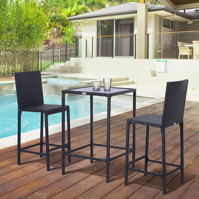 Ensemble de bar en rotin 3 pièces avec table en verre, 2 tabourets de bar pour l'extérieur, le patio, le jardin, la piscine, la cour