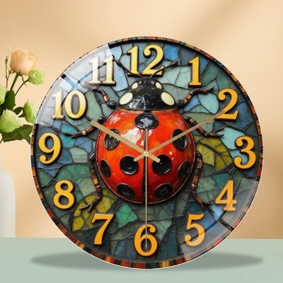 Ladybug Design Wall Clock with Colorful Stained Glass Art - 12'' Modern Glass Wall Clock
