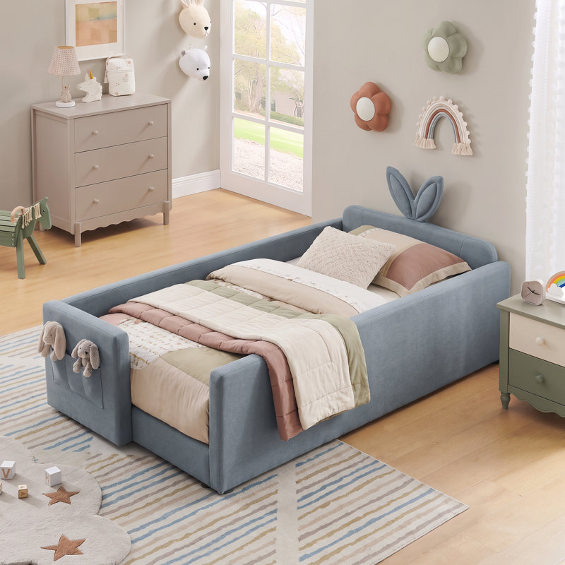 Lit plateforme bleu à double boucle, tête de lit Bunny, barrière de sécurité et poche de rangement latérale, Bleu