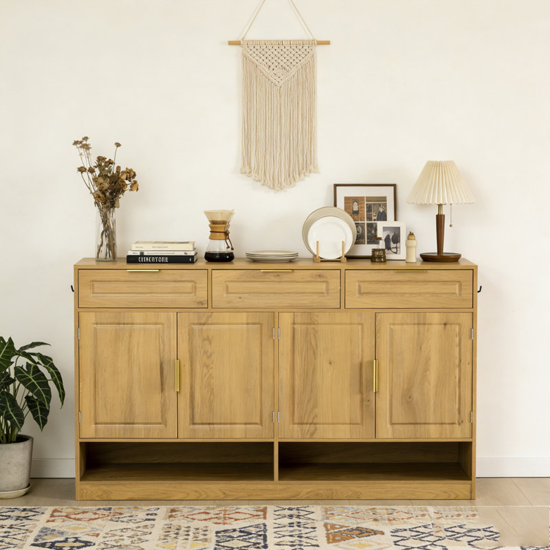 59.1" Multi-Functional Storage Buffet with Adjustable Shelf and Open Storage, Natural