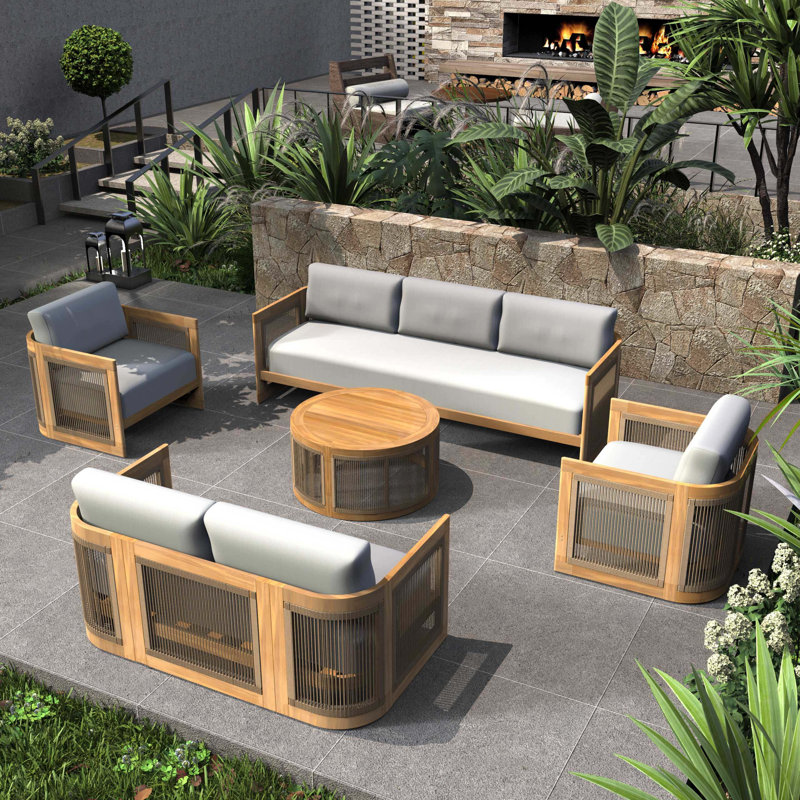 Solid Acacia 5-Seat Sofa Set With Round Coffee Table
