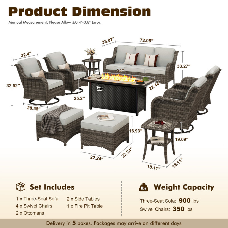 Cracraft 10-Piece All-Weather Wicker Patio Furniture Set With 54” Fire Pit Table, Swivel Rocker Chairs, Deep Seating Sofa & Ottomans For Backyard, Patio & Poolside