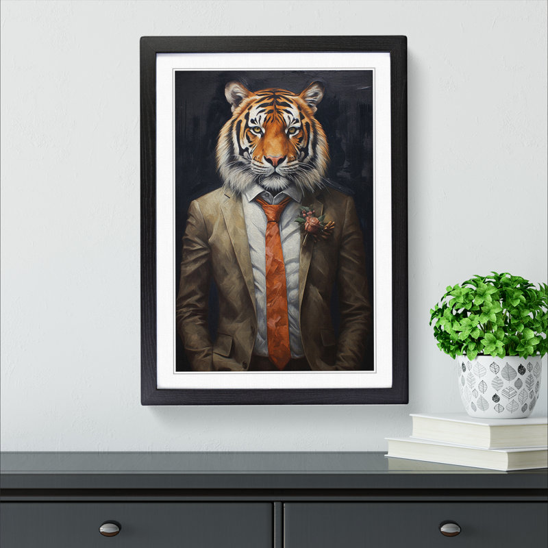 Tiger In A Suit Painting No.3 - Single Picture Frame Print on Wood, Black, 64cm H x 46cm W x 2cm D