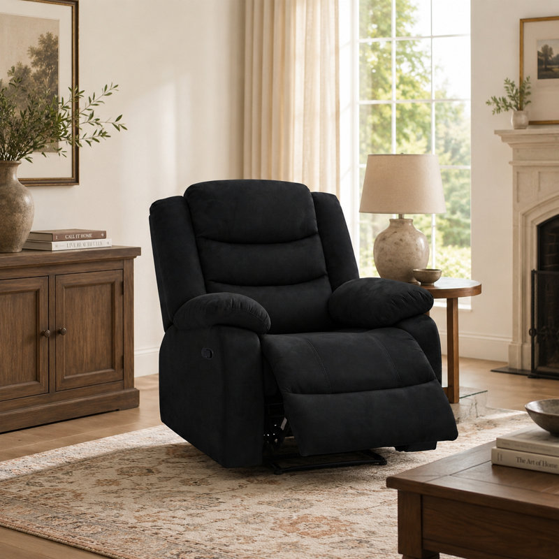 Fauteuil inclinable manuel standard contemporain de 37 pouces, rembourré et respirant, Microfibre / microsuède noir