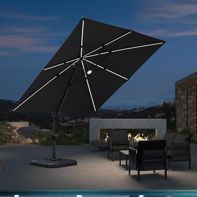 Parasol carré 120 po à DEL à énergie solaire gris avec contrepoids inclus avec base et lumières DEL, Gris