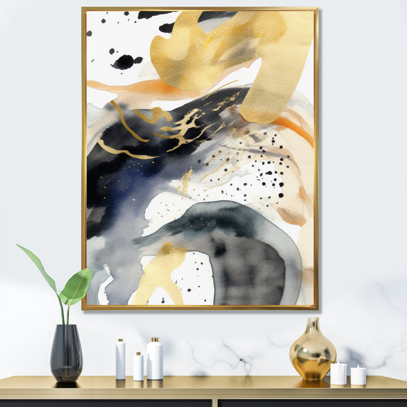 Abstrait pastel avec taches bleues noires et dorées I, H 20 po x l 12 po x P 1 po, Cadre flottant doré
