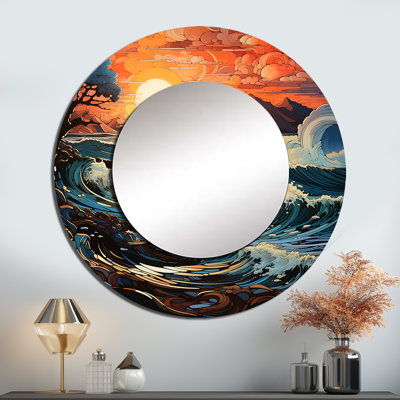 «Ocean Charm Vivid Wood Cut Effect III» - miroir mural décoratif océan, grand miroir rond côtier, impression sur métal