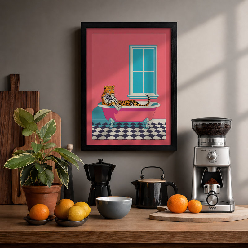 Leopard in the Bath Mid-Century - Framed Print, A3 - 42.0 x 29.7 cm, Black