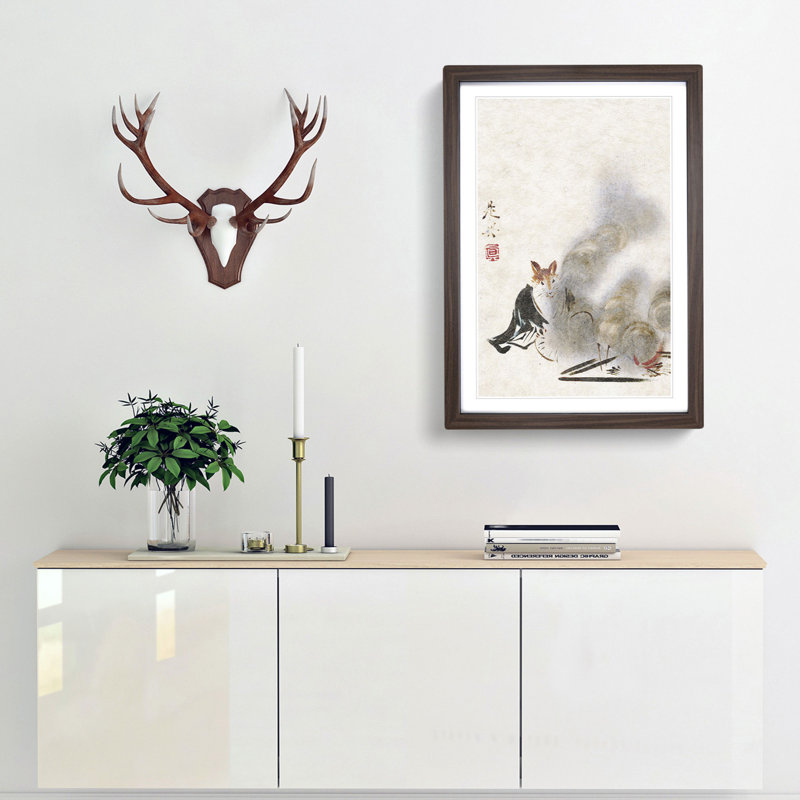 Fox by a Fire by Shibata Zeshin - Framed Print, 36cm H x 27cm W x 2cm D, Walnut Framed