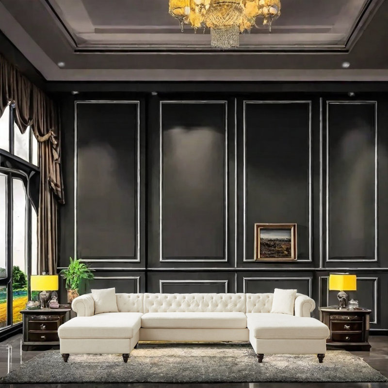 Luxueux canapé modulaire en chenille avec deux bouts de méridienne, conception à tirette, comprend deux coussins et des pieds en bois, parfait pour les soirées cinéma