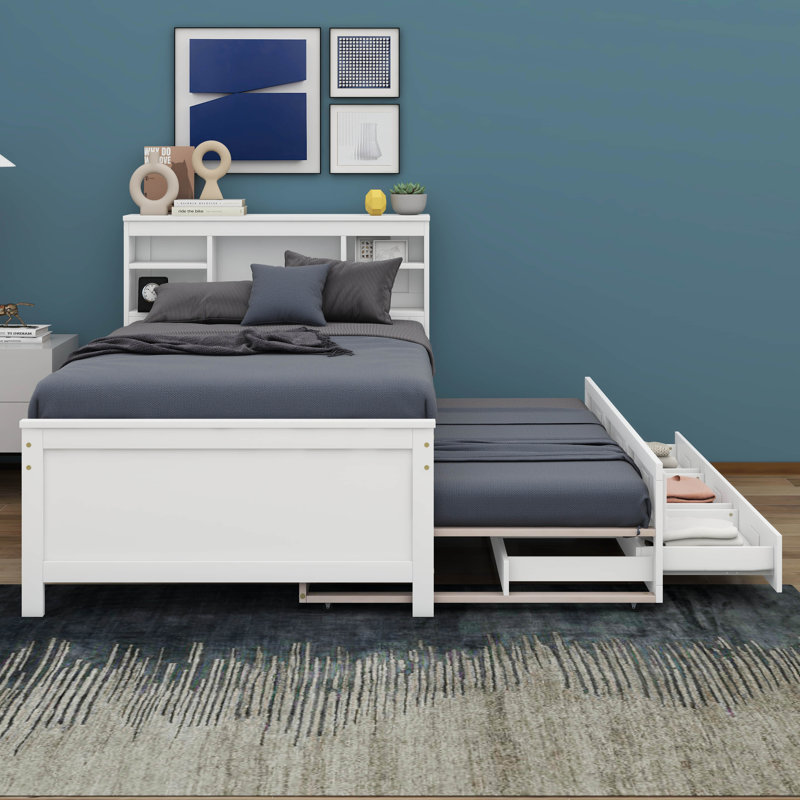 Lit plateforme Nyliah avec tête de rangement, USB, lit gigogne et 3 tiroirs, Blanc, Simple