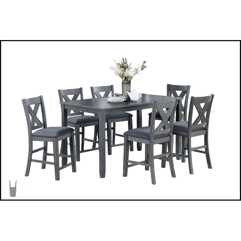 Ensemble de salle à manger à hauteur de comptoir gris de style moderne avec 6 chaises à dossier en X cloutées rembourrées pour un mobilier de salle à manger élégant