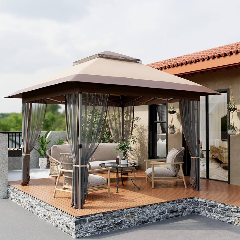 12x12 Pop up Gazebo with Mosquito Netting, Metal Frame Canopy with Double Roof, Outdoor Canopy Tent with Portable Carrying Bag, Party Tent for Garden