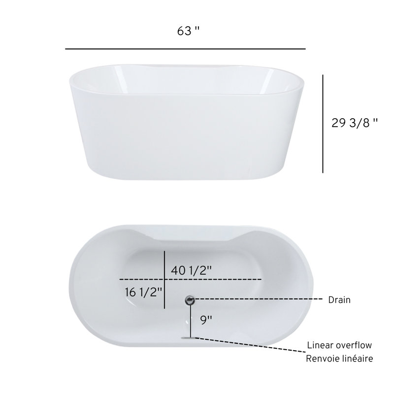 Origan 63'' x 30'' Freestanding Soaking Acrylic Bathtub