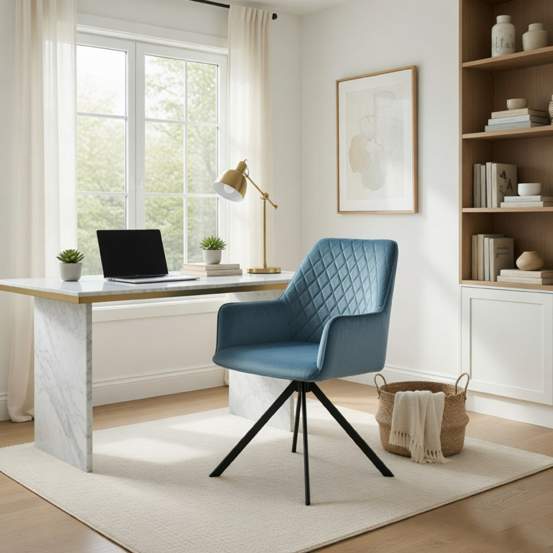 Chaise de bureau moderne, base en métal capitonnée losange bleu noir
