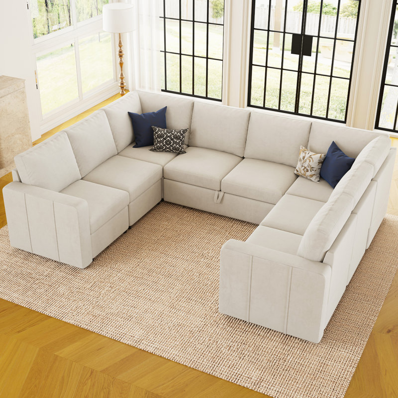 Seybert Large U Shaped Modular Sectional Sofa Pull Out Sofa Bed Sleeper Convertible Corner Sofa, Beige Velvet