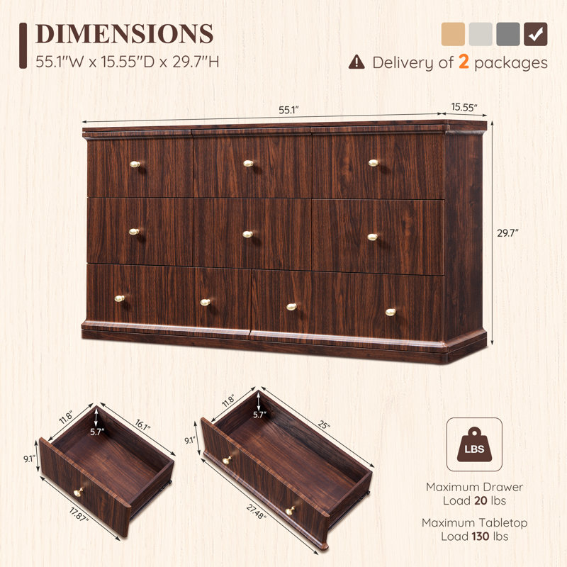 Commode 8 tiroirs pour chambre Abarca , Brun, 8
