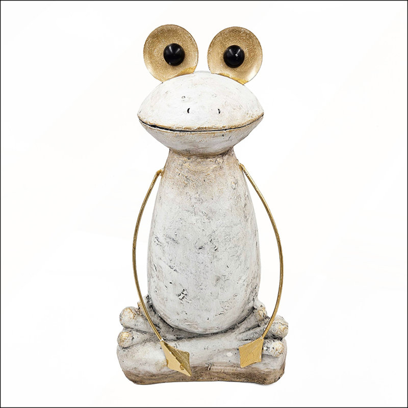 Figurine abstraite grenouille blanche en magnésium avec bras et yeux dorés, parfaite pour un décor moderne et rustique