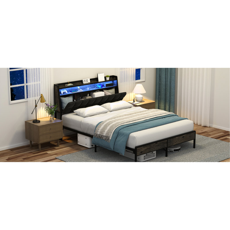Structure de grand lit avec tête de lit ergonomique, 23 modes d'éclairage, modes de chargement et de rangement
