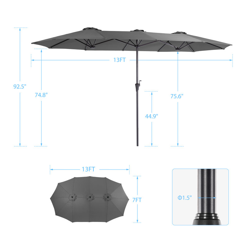 Parasol de table de patio 13x7,2F double face avec auvent résistant aux rayons UV et manivelle pour le jardin, Anthracite
